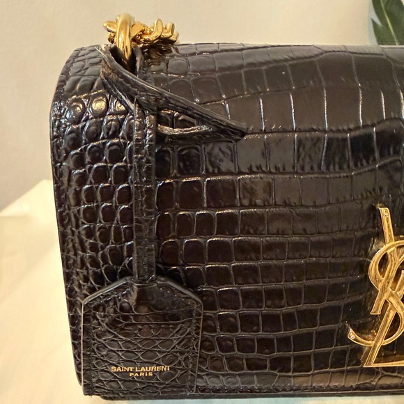 Yves Saint Laurent Sunset Black Croc-Embossed Shoulder Bag - Picture 14 of 16